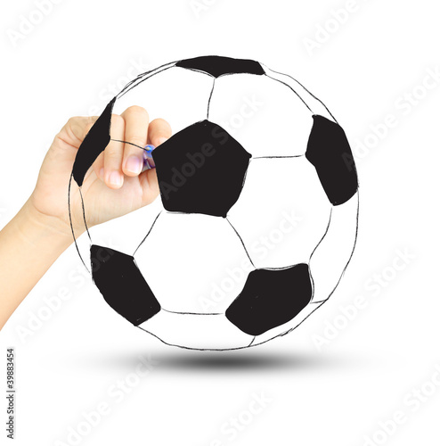 soccer football ball and hand with pen isolated on white backgro