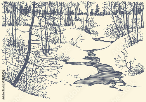 Vector landscape. Winter creek in the forest