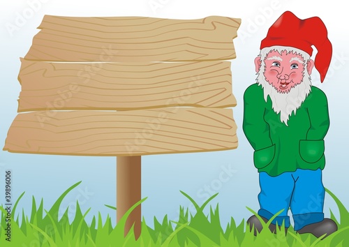 Fröhlicher Gartenzwerg mit Holzzschild