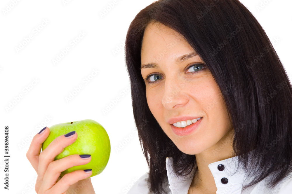 Young happy smiling woman with apple, isolated on white Young happy smiling woman with apple, isolated on white