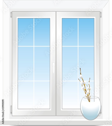 Window and vase with pussy willow branch