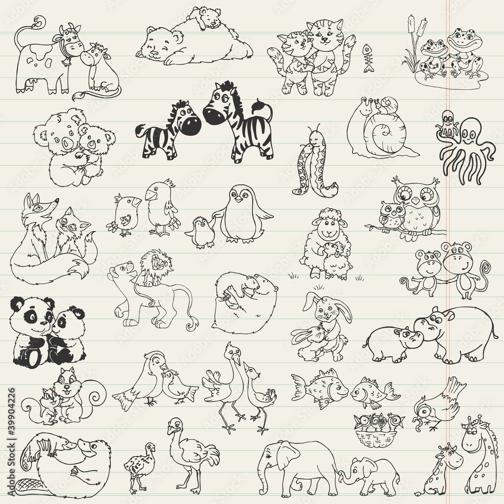 Naklejka premium Baby Animals with Moms - hand drawn in vector