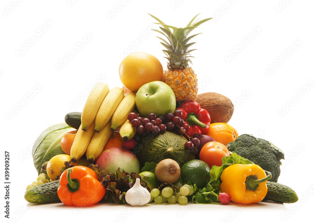 Pile of fresh and tasty fruits and vegetables isolated on white Pile of fresh and tasty fruits and vegetables isolated on white