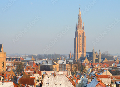 Church of Our Lady and roofs in winter in Bruges
