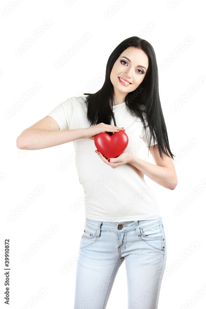 beautiful young girl holding red heart isolated on white beautiful young girl holding red heart isolated on white