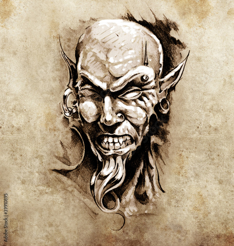Sketch of tattoo art, devil head with piercing