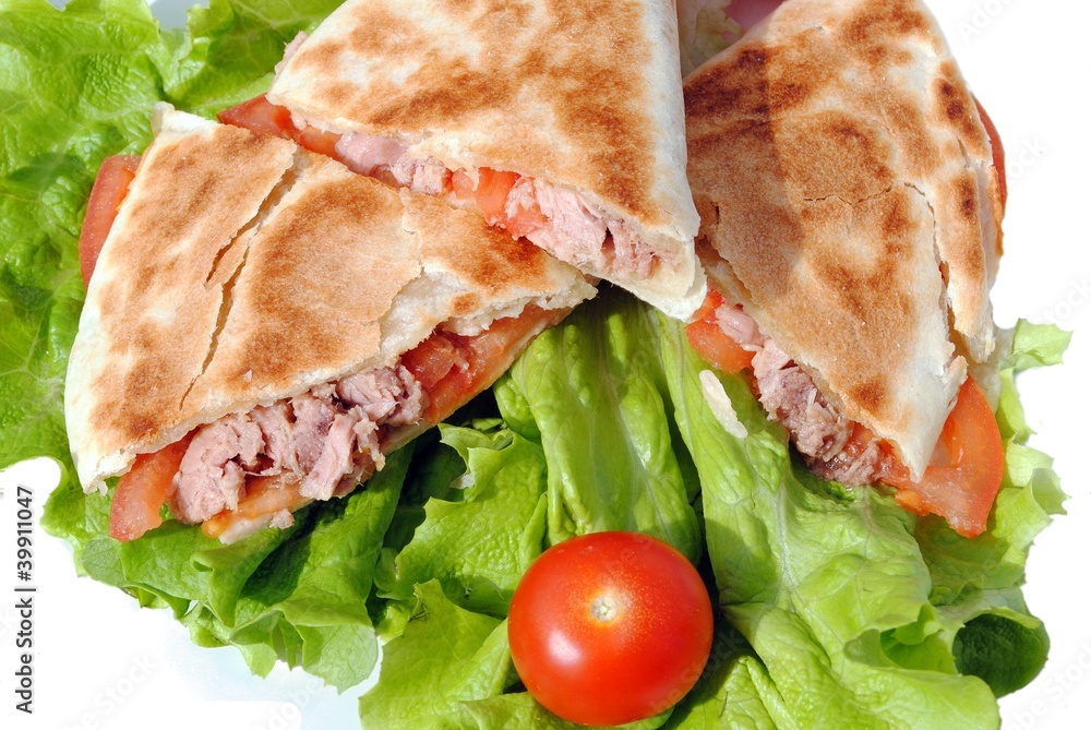 Obraz premium tortilla with tuna and tomatoes, typical italian flatbread