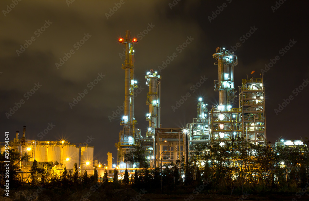 Oil refinery factory at night, industrial estate, Thailand