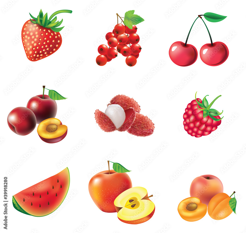 Set of red fruits and berries Set of red fruits and berries