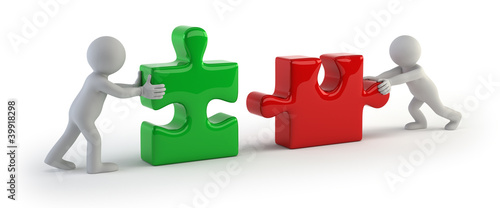 Schilderij op canvas 3d small people - Two puzzle connect