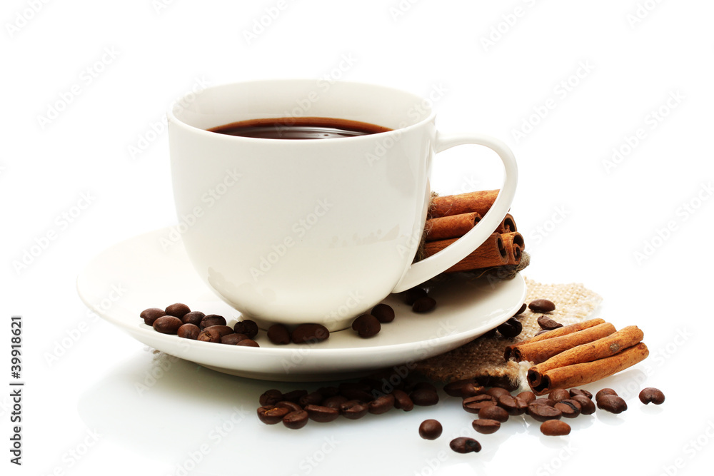 cup of coffee, beans and cinnamon sticks isolated on white cup of coffee, beans and cinnamon sticks isolated on white