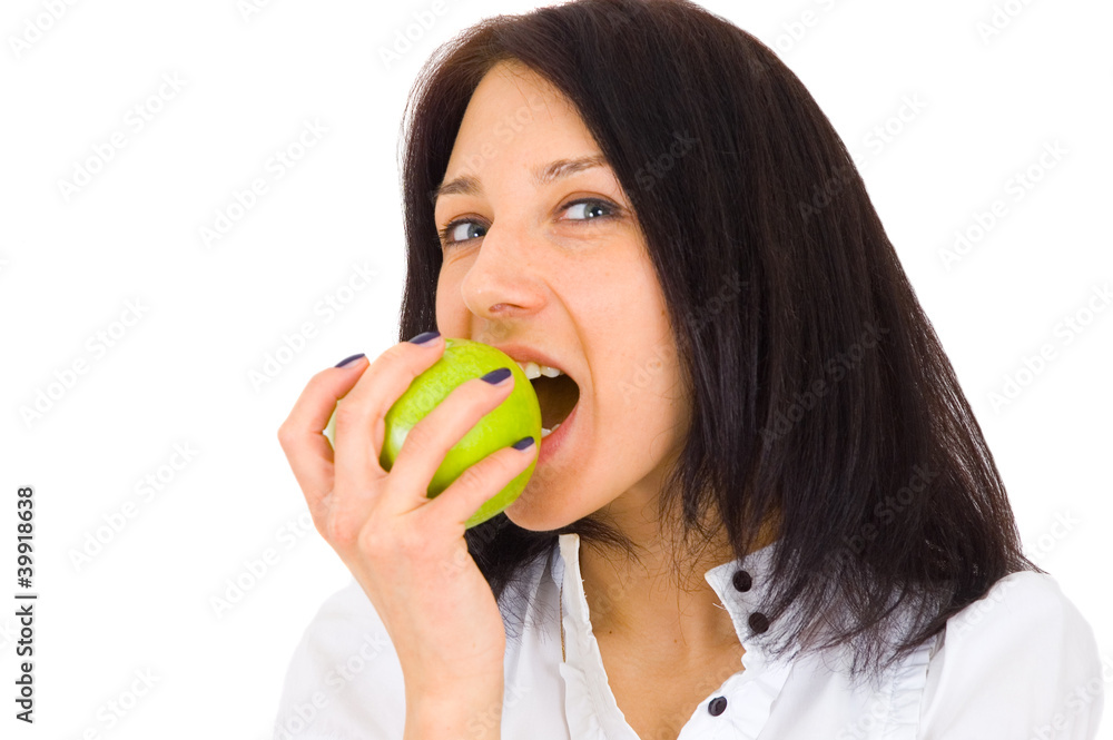 Young happy smiling woman with apple, isolated on white Young happy smiling woman with apple, isolated on white