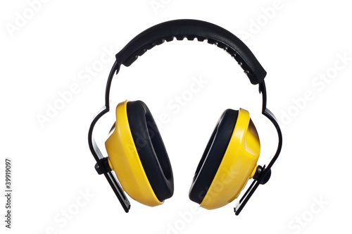 Yellow working protective headphones, it is isolated on white