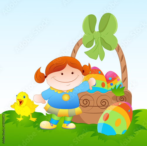 Kid with Easter Eggs and Chick