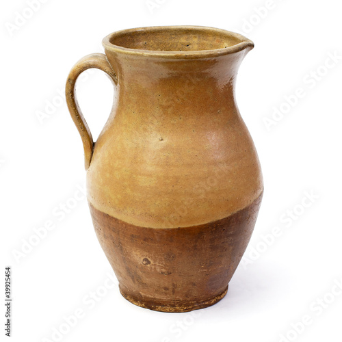 Clay jug, old ceramic vase isolated