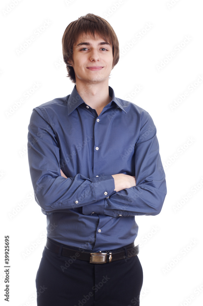 Happy young Businessman watch in camera isolated on white backgr Happy young Businessman watch in camera isolated on white backgr