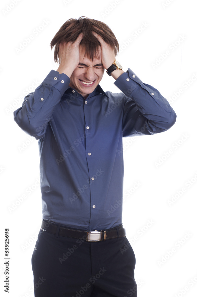 Angry or refletive young businessman isolated on white backgrou Angry or refletive young businessman isolated on white backgrou