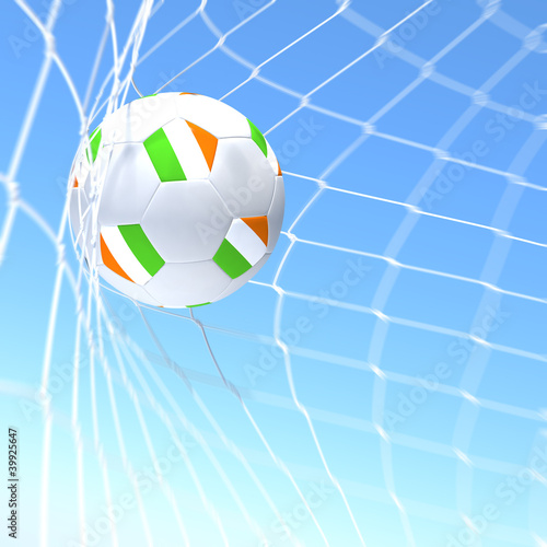 3d rendering of a Ireland flag on soccer ball in a net