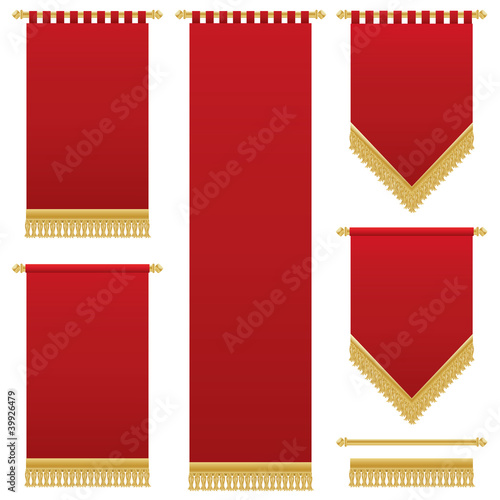 Set of vector red tapestry wall hangings with gold fringing isolated on white photo