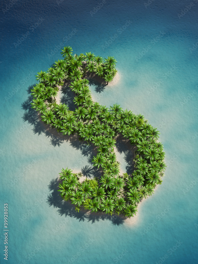 3d rendering of a dollar-shaped island