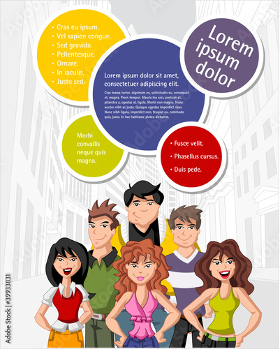 Colorful template with teenage people on the city