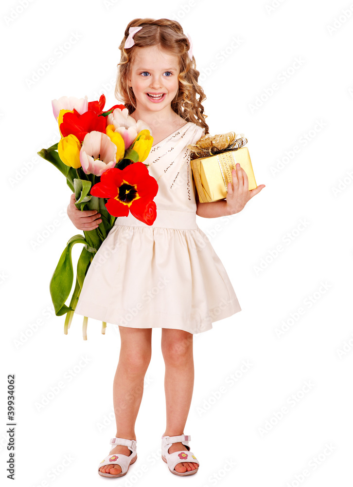 Child with spring flower and gift box. Child with spring flower and gift box.