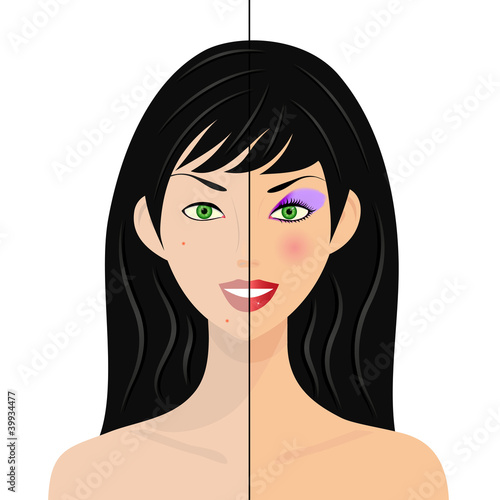 portrait of woman, half natural, half with make up and retouched