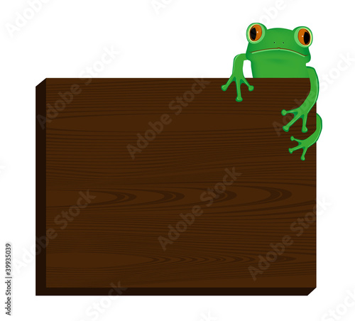 Green tree frog sitting on wood background