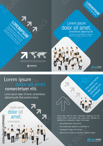 Blue template for advertising brochure with business people