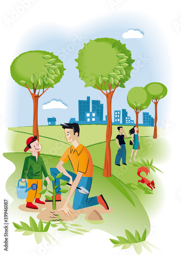 Child With His Father Planting A Seedling