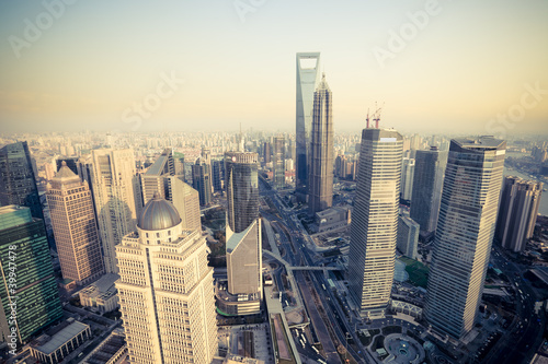 bird's eye view shanghai financial center at dusk