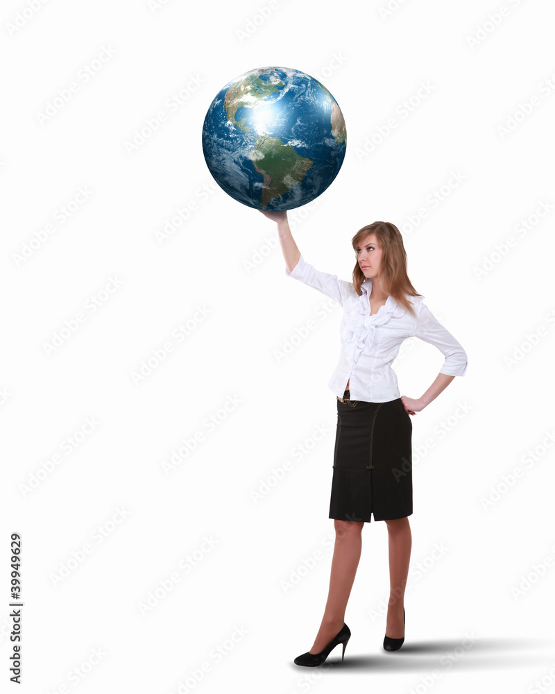 Businesswoman with our planet earth Businesswoman with our planet earth