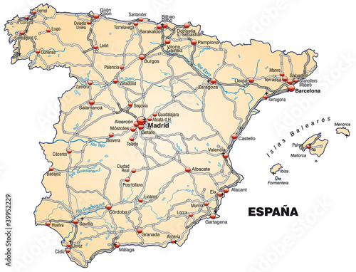 Landkarte von Spanien mit Autobahnen und Hauptstädten
