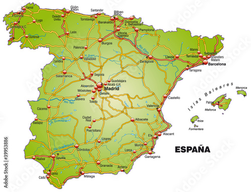 Landkarte von Spanien mit Autobahnen und Hauptstädten