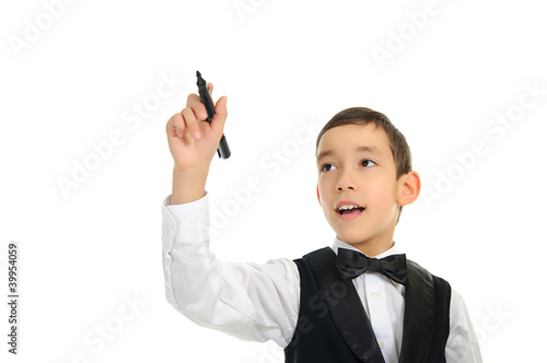 Obraz na płótnie school boy wrighting with pen isolated on white