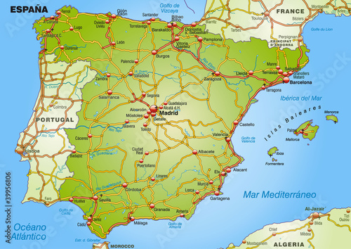 Landkarte von Spanien mit Autobahnen und Hauptstädten