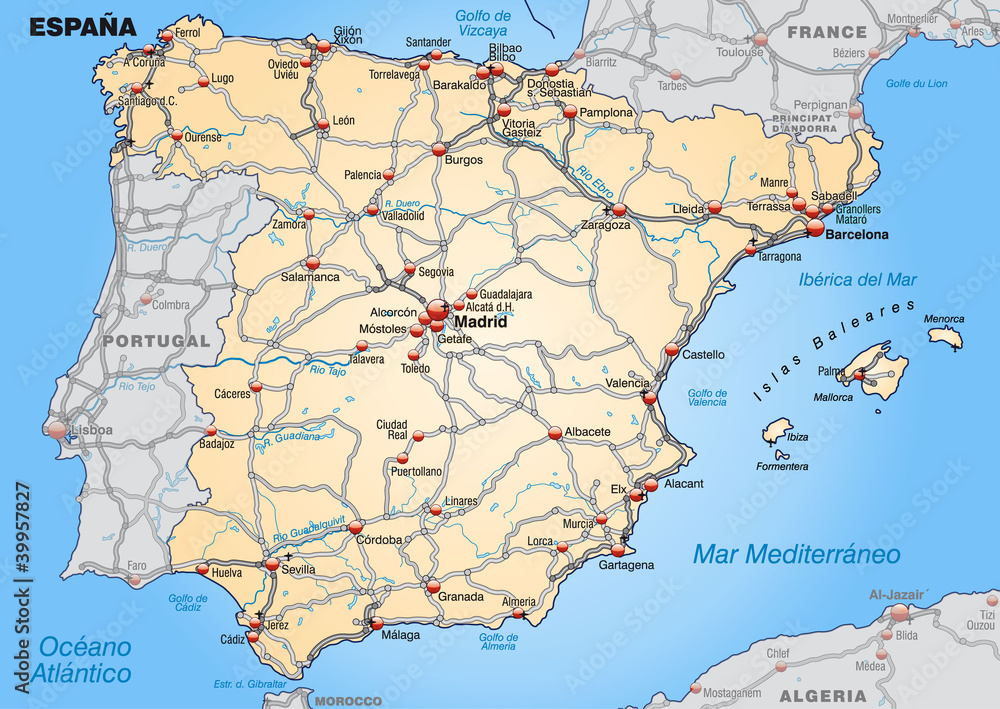 Landkarte von Spanien mit Autobahnen und Hauptstädten