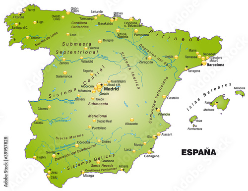 Landkarte von Spanien als   bersichtskarte mit Hauptst  dten