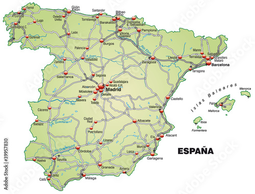 Landkarte von Spanien mit Autobahnen und Hauptstädten
