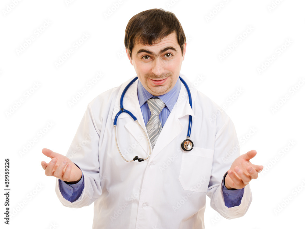 A doctor with a stethoscope speaks on a white background. A doctor with a stethoscope speaks on a white background.