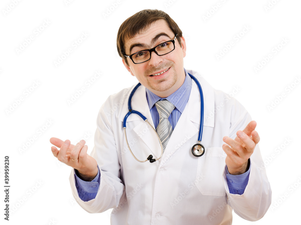 A doctor with a stethoscope and glasses speaks
