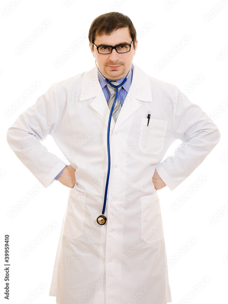 The doctor thinks in glasses on a white background. The doctor thinks in glasses on a white background.