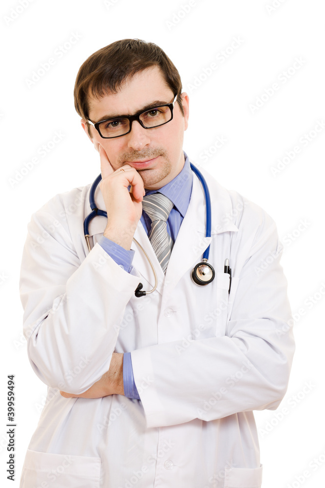 The doctor thinks in glasses on a white background. The doctor thinks in glasses on a white background.