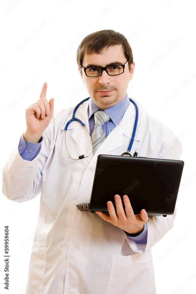 A man doctor consultant with a laptop on a white background. A man doctor consultant with a laptop on a white background.