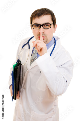 A doctor with a stethoscope and a folder on a white background.