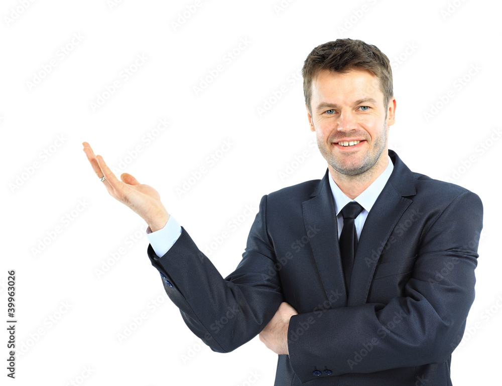 Happy business man presenting and showing with Happy business man presenting and showing with