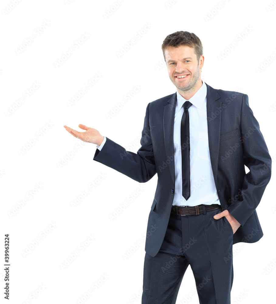 Happy business man presenting and showing with Happy business man presenting and showing with
