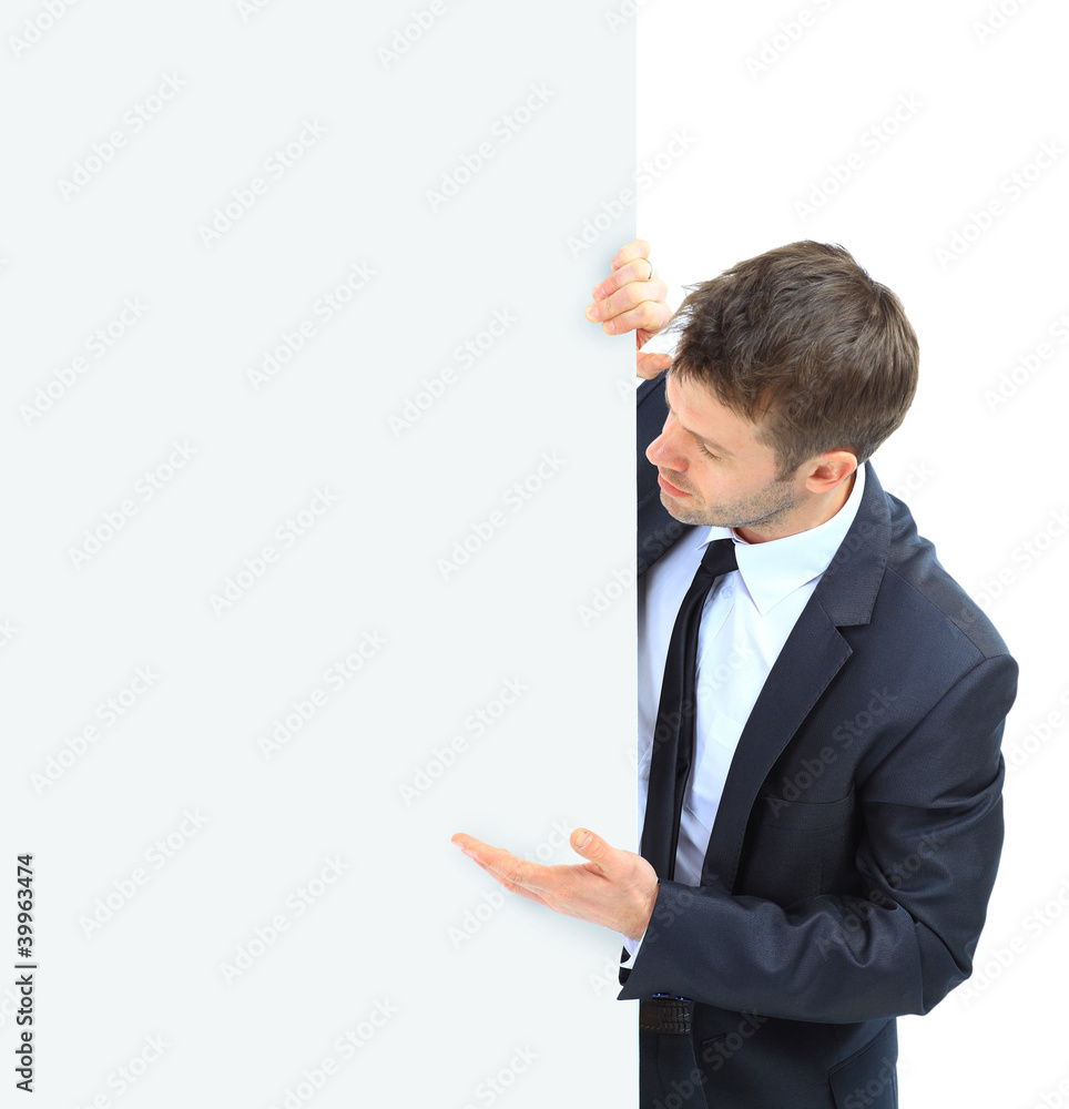 Happy smiling business man showing blank Happy smiling business man showing blank