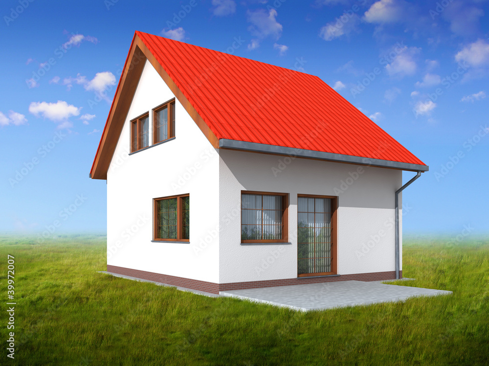 Render of house in perspective. Green grass and blue sky Render of house in perspective. Green grass and blue sky