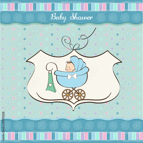 baby boy announcement card with baby and pram